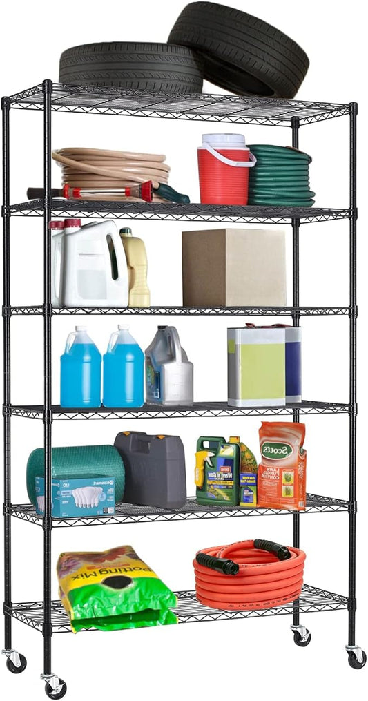 6 Tier Adjustable Metal Shelf Wire Shelving Unit Storage with Wheels 2100LBS Capacity 18" D x 48" W x 82" H for Restaurant Garage Pantry Kitchen Garage Rack,Black-NeatNest