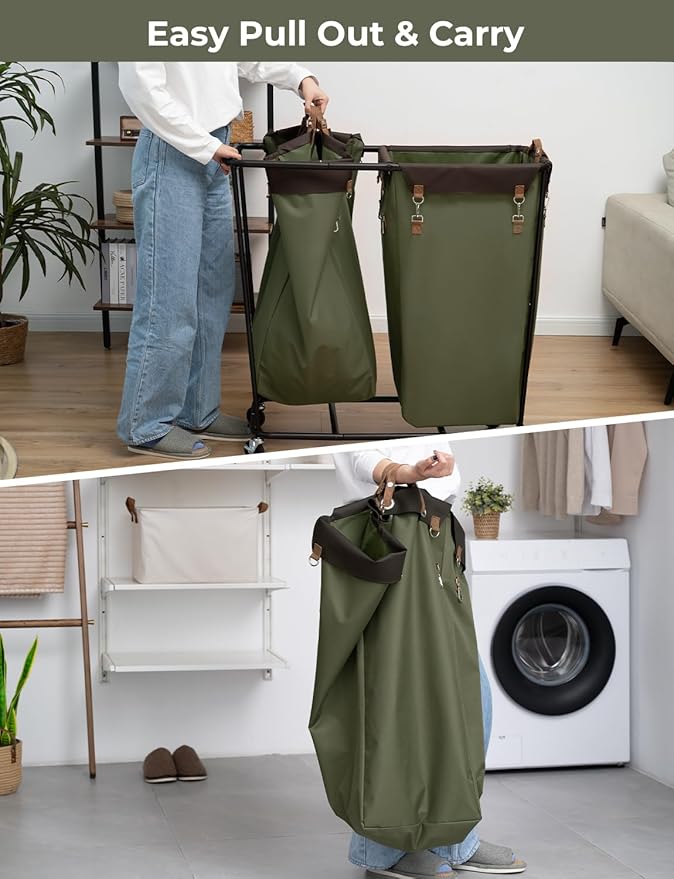 StorageWorks 390L Extra Large Lanudry Hamper with Wheels, 2 Sections Laundry Basket with Wheels, Clothes Sorter Cart with Divider for Hotel, Home, Green, 37.75"L x 17"W x 37.5"H