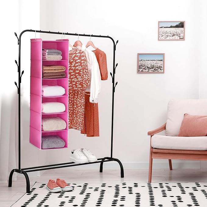 MAX Houser 6-Shelf Hanging Closet Organizer, Hanging Storage Shelves with 2 Sturdy Hooks Space-Saving for Bedroom, Foldable (Pink)-NeatNest