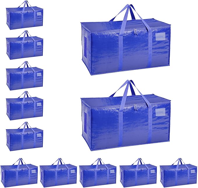Extra Large Heavy Duty Moving Bags - Waterproof Storage Totes with Reinforced Handles & Zippers, Foldable for College Dorm Essentials, Clothes Storage & Travel (12-Pack Blue)