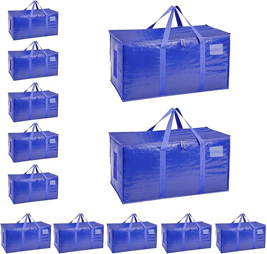 Extra Large Heavy Duty Moving Bags - Waterproof Storage Totes with Reinforced Handles & Zippers, Foldable for College Dorm Essentials, Clothes Storage & Travel (12-Pack Blue)