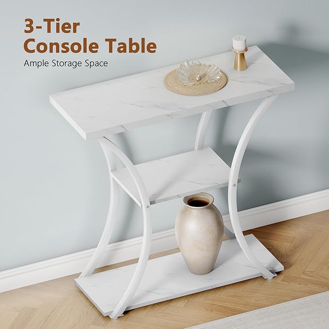 Hoctieon 3 Tier Console Table with Open Wood Shelves, Decorative Entryway Table with Curved Metal Frames, Narrow Sofa Table for Entrance, Living Room, Hallway, White Marbled-NeatNest