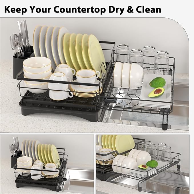 Expandable Dish Rack for Kitchen Counter:2 in 1 Large Dish Drying Rack with Cutlery Holder for Drying Plates Bowls Cups -Kitchen Drying Storage for Family of 3-4 Persons