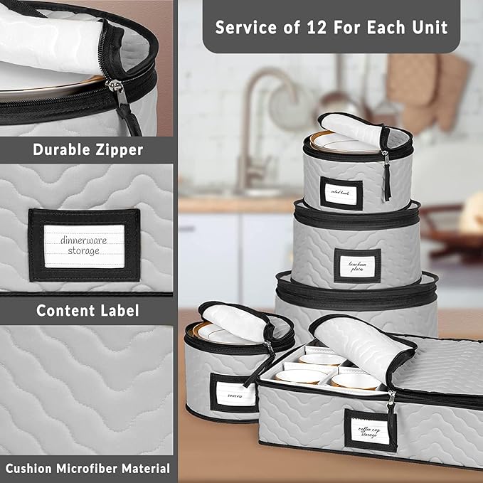 China Storage Containers 5-Piece Set Moving Boxes for Dinnerware, Glasses, Plates, Mugs and Saucers Sturdy Quilted Microfiber Dish Organizer with Dividers for Seasonal Storage - Gray-NeatNest