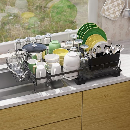 Dish Drying Rack Extendable Dish Rack Rustproof Carbon Steel with Drainboard & Cutlery Holder – Extra Large Capacity Dish Drainer Countertop Dish Strainer for Kitchen Utensils, Plates, Spoons & Forks