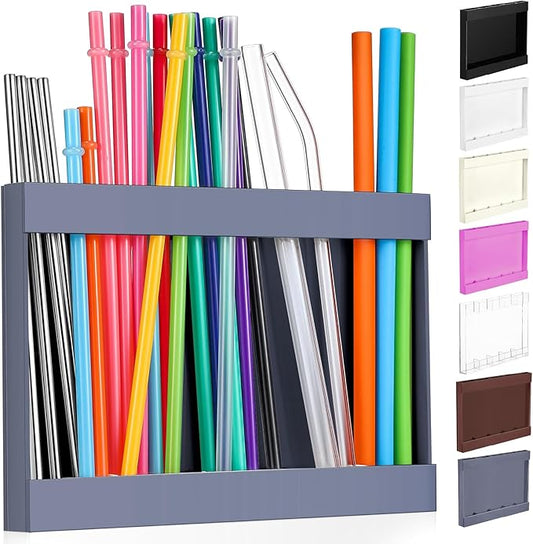 Acrylic Straw Holder for Cabinet Door with Double Sided Adhesive Tape Reusable Straw Organizer Tumbler Storage Kitchen Accessories Container for Counter Cupboard(Classic,Large,Grey)