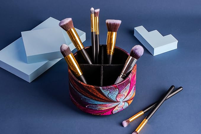Hennaja Round Leather Art Supply Organizer,Remote Control Holder,360 Degree Rotating,Multi-Functional Pencil Holder,4 Compartments Desktop Stationary Organizer(1-Fractal Flower)-NeatNest