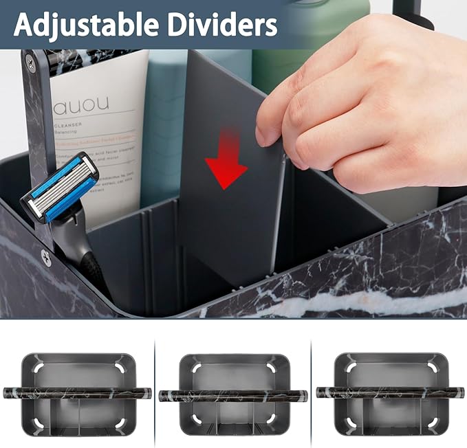 Plastic Shower Caddy Dorm: Portable Bathroom Caddy Organizer for College with Handle and Adjustable Divider, Utility Hard Shower Basket Bin Tote for Toiletry,Shampoo,Soap,Cleaning Product Black