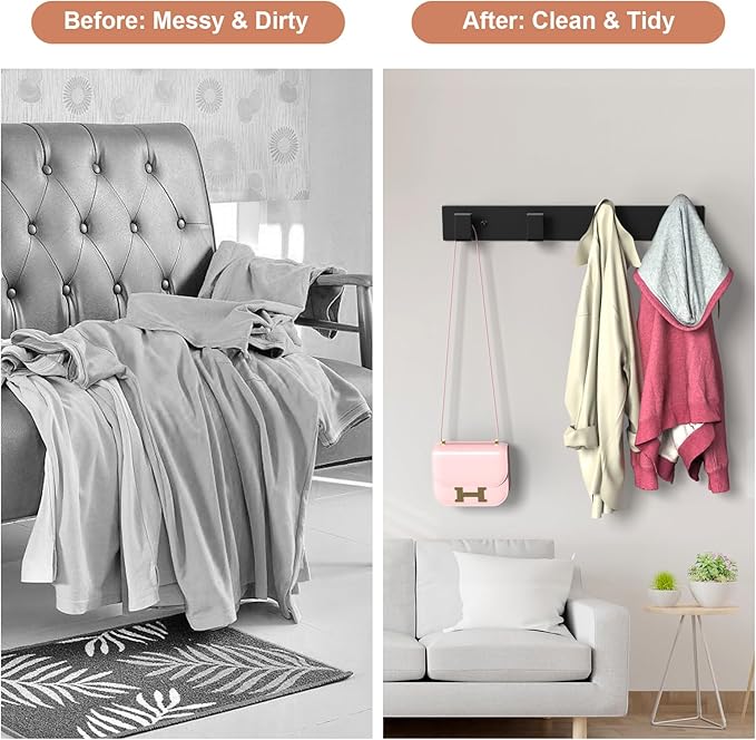 PMMASTO Coat Rack Wall Mount, Coat Hooks Wall Hooks for Hanging, Stainless Steel Coat Hanger Towel Hooks for Bathrooms, Coat Rack Hat Rack (Black 4 Hooks, 2 Pack)-NeatNest