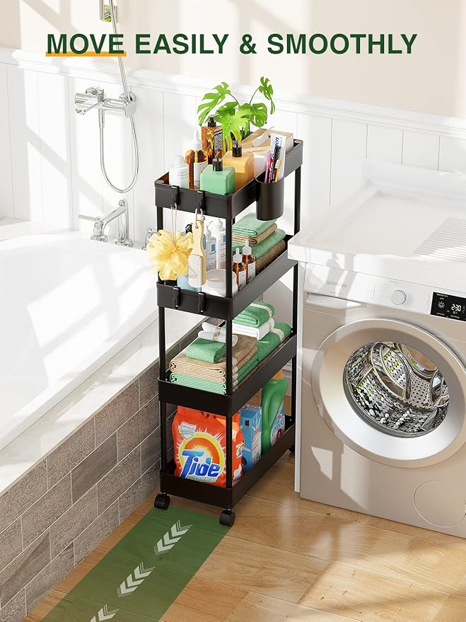 LEHOM Slim Rolling Storage Cart - 4 Tiers Bathroom Organizer Utility Cart Slide Out Storage Shelves Mobile Shelving Unit for Kitchen, Bedroom, Office, Laundry Room, Small Narrow Spaces Black