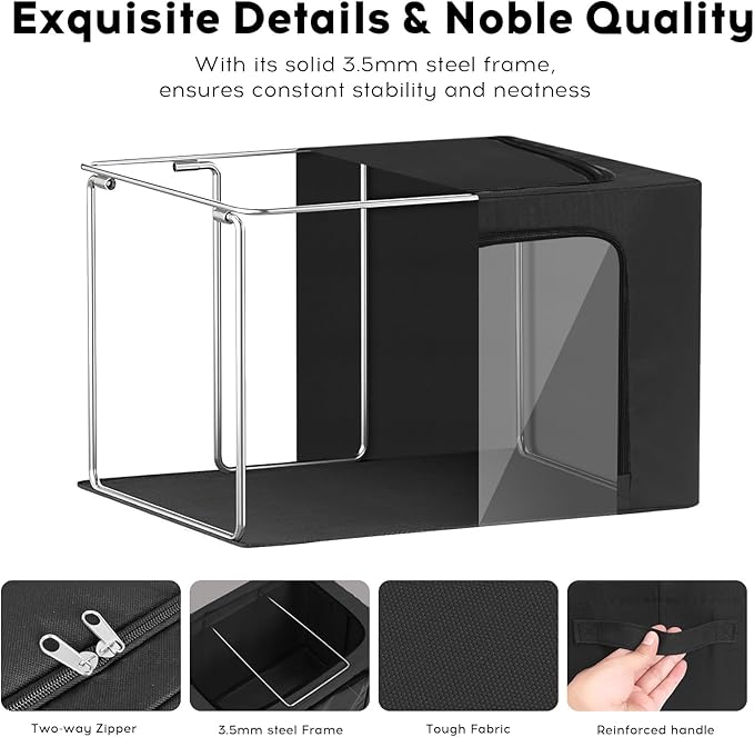 3-Pack Clothes Organizer Bins with Metal Frame, Foldable 40L Linen Storage Boxes with Lids, Clear Windows, Zippers & Durable Handles (Black)-NeatNest