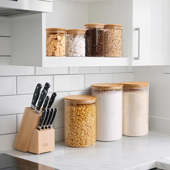 ComSaf Glass Food Storage Containers, 3.2Qt / 1.4Qt Glass Flour and Sugar Containers with Airtight Lids, 7.1'' Wide Mouth Large Glass Jars with Bamboo Lid for Rice, Pasta, Oats, Grains, Cookie, Candy-NeatNest