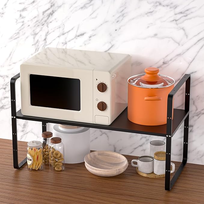 Expandable Kitchen Cabinet Shelf Organizers, Stackable Metal Pantry Storage Shelves Rack, Adjustable Counter Spice Shelf for Cabinets, Countertop, Cupboard Organizers and Storage, Black-NeatNest