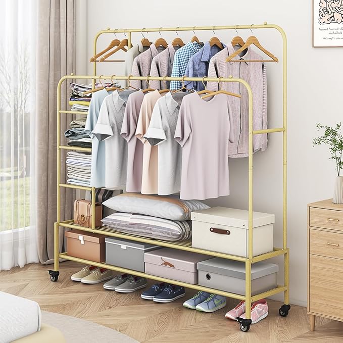 Garment Rack for Hanging Clothes Rack Heavy Duty Portable with Bottom Metal Shelf Drying Coats Shirt,Black (Gold+Double Rods+Shelf)-NeatNest
