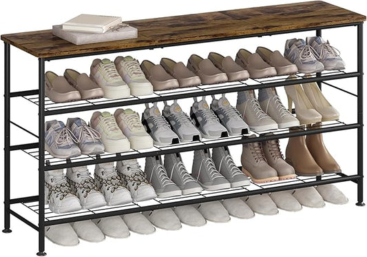 Shoe Rack Organizer 4 Tier for Closet Entryway Free Standing Metal Storage Shoe Shelf with MDF Top Board (Black+Rustic Brown, Large 4 Tier)-NeatNest