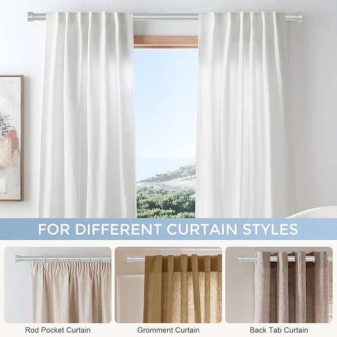 2 Pack Curtain Rods for Windows 28 to 48 Inch(1.5-5 Feet), Silver 1'' Diameter Drapery Rods with End Cap Style Design,Modern Adjustable Heavy Duty Curtain Rod,Size:30''-60''