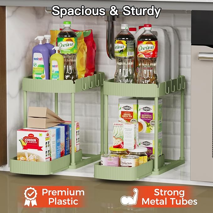 2 Pack Multi-Purpose Pull-Out Storage Organizers, Under Sink Organizers and Storage for Bathroom & Kitchen, Under Cabinet Organizers and storage, 12.8 Inch, Green-NeatNest