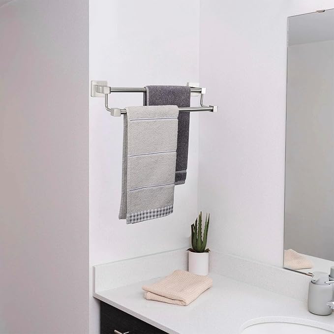 TocTen Double Bath Towel Bar - Thicken SUS304 Stainless Steel Towel Rack for Bathroom, Bathroom Accessories Double Towel Rod Heavy Duty Wall Mounted Square Towel Holder(Brushed Nickel, 16 INCH)