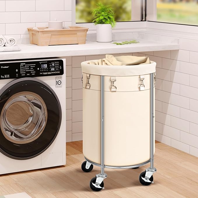 Laundry Hamper with Wheels, 100L Round Rolling Laundry Basket Sorter with Removable Bag, Clothes Cart Organizer with Steel Frame for Bedroom, Bathroom, Laundry Room, Beige