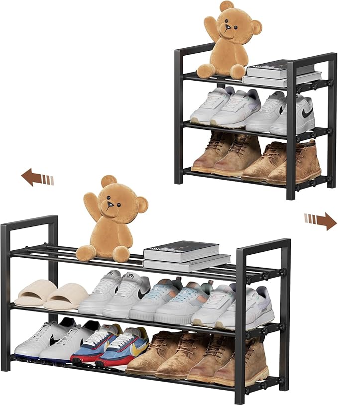 3-Tier Expandable Shoe Rack,Adjustable Shoe Shelf Storage Organizer Heavy Duty Metal Free Standing Shoe Rack for Entryway Closet Doorway (Black)-NeatNest