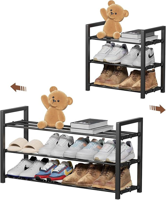 3-Tier Expandable Shoe Rack,Adjustable Shoe Shelf Storage Organizer Heavy Duty Metal Free Standing Shoe Rack for Entryway Closet Doorway (Black)-NeatNest