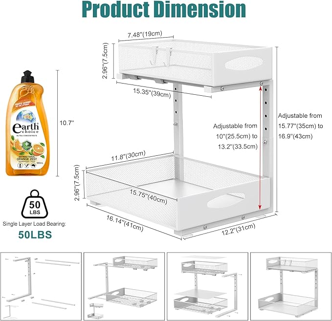 1 Pack Large Under Sink Organizer, 2 Tier Metal Pull Out Under Sink Storage with Sliding Mesh Drawers, Height Adjustable Slide Out Under Cabinet Organizer for Kitchen Bathroom, White-NeatNest