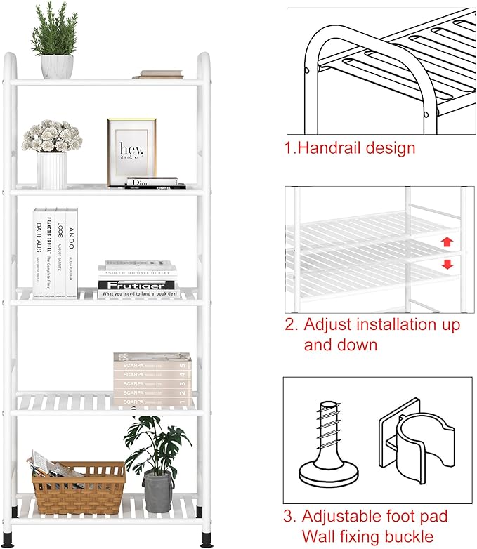 JSB 5-Tier Adjustable Shelving Unit, Heavy Duty Storage Rack Organizer Metal Corner Shelf for Kitchen Living Room Laundry Pantry Bathroom (White, 5 Tier)-NeatNest