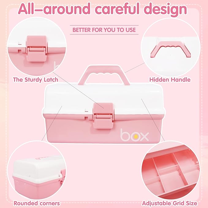 12in Three-Layer Multipurpose Storage Box Organizer Folding Tool Box/Art & Crafts Case/Sewing Supplies Organizer/Medicine Box/Family First Aid Box with 2 Trays (White Pink)