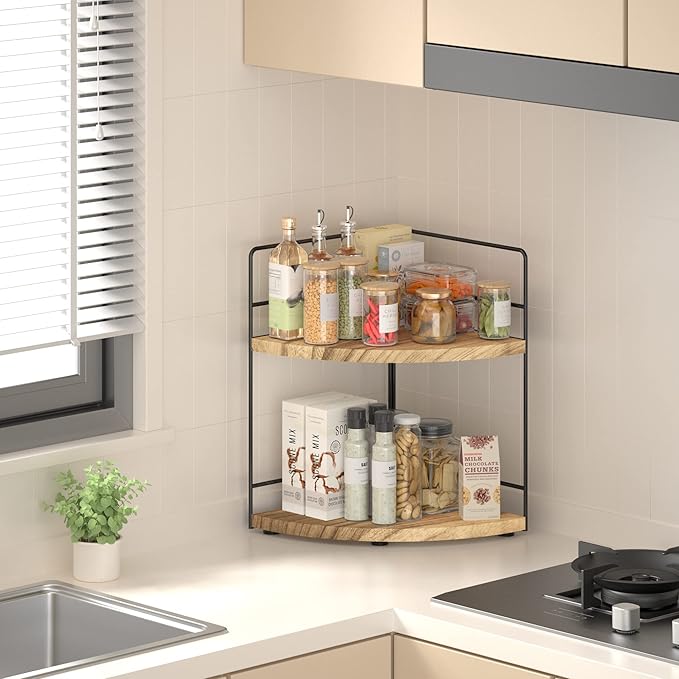 ZGO 2-Tier Bathroom Counter Organizer, Corner and Makeup Organizer for Vanity and Kitchen Counter, Wood-NeatNest