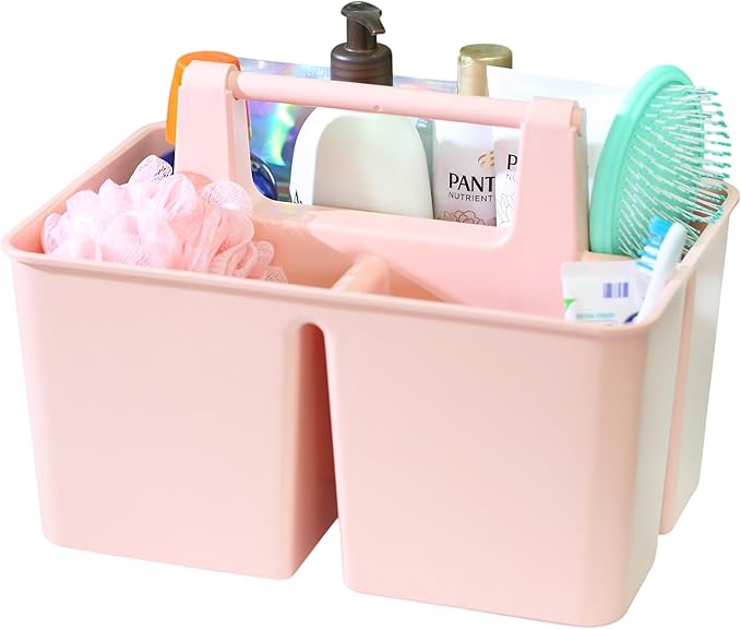 Shower Caddy Organizer with Handle, 3 Compartments, Portable Storage Bin for Bathroom, Dorm, Gym -Made In USA (Indie Pink)