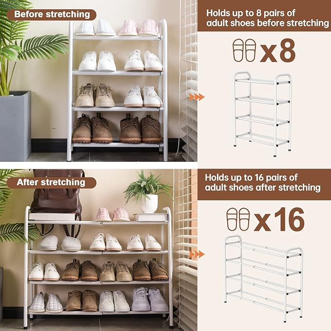 Gonfoam 4-Tier Expandable Shoe Rack,Adjustable Shoe Shelf Storage Organizer Heavy Duty Metal Free Standing Shoe Rack for Entryway Closet Doorway (White)-NeatNest