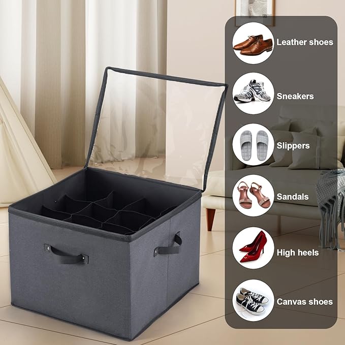 2 Pack Closet Shoe Organizer Box Fits 32 Pairs, Fabric Shoe Storage Box Bins Cubes with Clear Cover, Space Saving Shoes Holder for Shoes, Sneakers, Sandal and High Heeled (Grey)-NeatNest