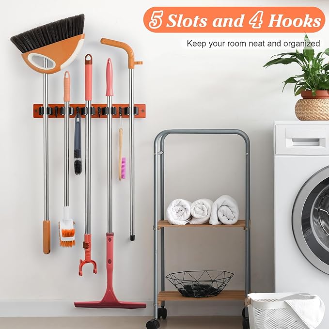 Brown Broom Holder Wall Mount - Heavy Duty Wood Mop and Broom Organizer with 5 Slots & 4 Hooks - Tool Hanger for Laundry Room Closet Kitchen Garage Storage and Organization - for Rusic farmhouse Decor-NeatNest