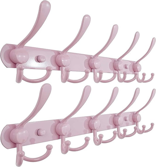 Dseap Coat Rack Wall Mounted - 5 Tri Hooks, Heavy Duty, Stainless Steel, Metal Coat Hook Rail for Coat Hat Towel Purse Robes Mudroom Bathroom Entryway (Pink, Pack of 2)-NeatNest