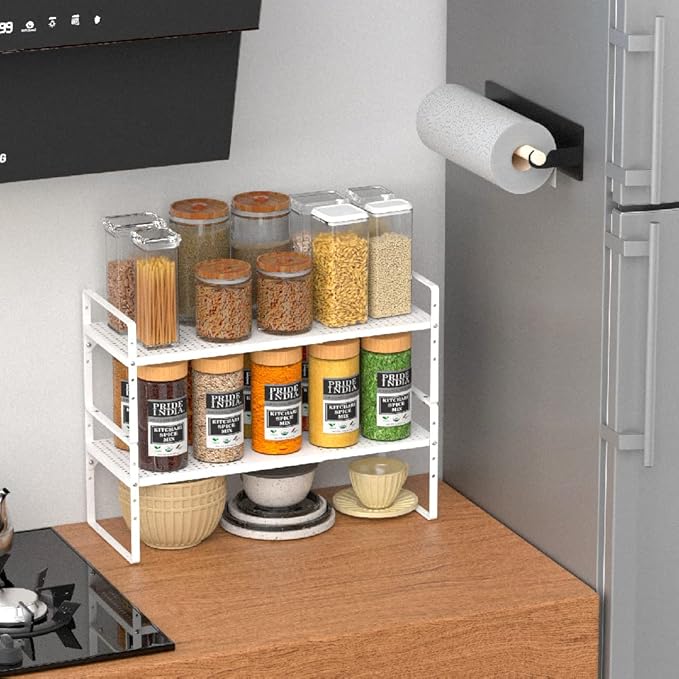 Expandable Cabinet Shelf Organizer, Stackable Pantry Cabinet Counter Under Sink Shelves Inside Cabinet Storage for Kitchen Bathroom Office, 2 Packs, White-NeatNest