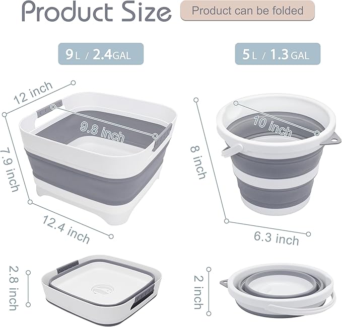2.4 Gal (9L) Collapsible Wash Basin and Bucket,Folding Dishpan with Drain Plug for Kitchen Sink,5L Portable Foldable Small Bucket for Outdoor Camping Fishing Car Wash(Sets of 2)-NeatNest