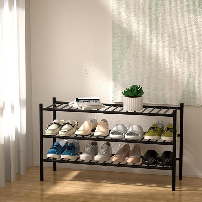 3-Tier Bamboo Long Shoe Rack, Free Standing Wood Shoe Shelf Storage Organizer for Closet Entryway Stackable 35"x11"x20" (Black)-NeatNest