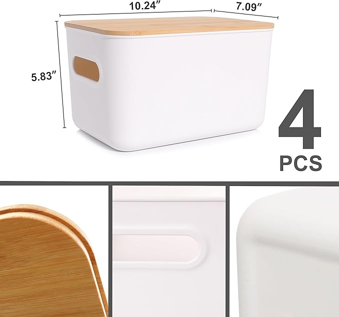 Citylife 4 PCS Storage Bins with Bamboo Lids Plastic Storage Containers for Organizing Stackable Storage Box with Handle, 10.23 x 7.08 x 6.3 inch-NeatNest
