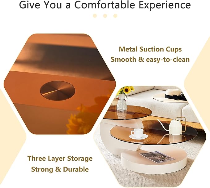 Glass Coffee Tables for Living Room Round Coffee Tables Modern Double Layer Round Table Circle Coffee Table for Small Space Home Office (42 Inch Amber Yellow Glass)