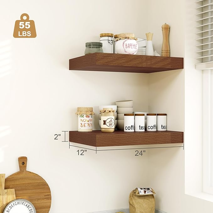 Heimlove 12" Deep Floating Shelves for Wall, 24 Inch Wall Shelf Bathroom Shelves Set of 1, Wall Mounted Shelves for Books Living Room Laundry Room Bedroom Kitchen Home Office, Walnut-NeatNest