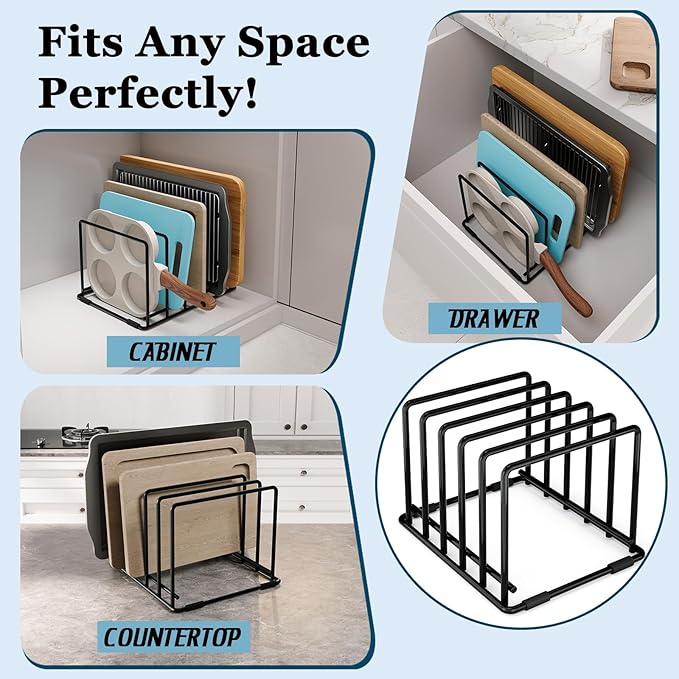 2-Pack Cutting Board Organizer, 5-Slot Steel Kitchen Storage Rack for Cutting Boards, Baking Trays, and Thin Pans - Compact Clutter-Free Solution