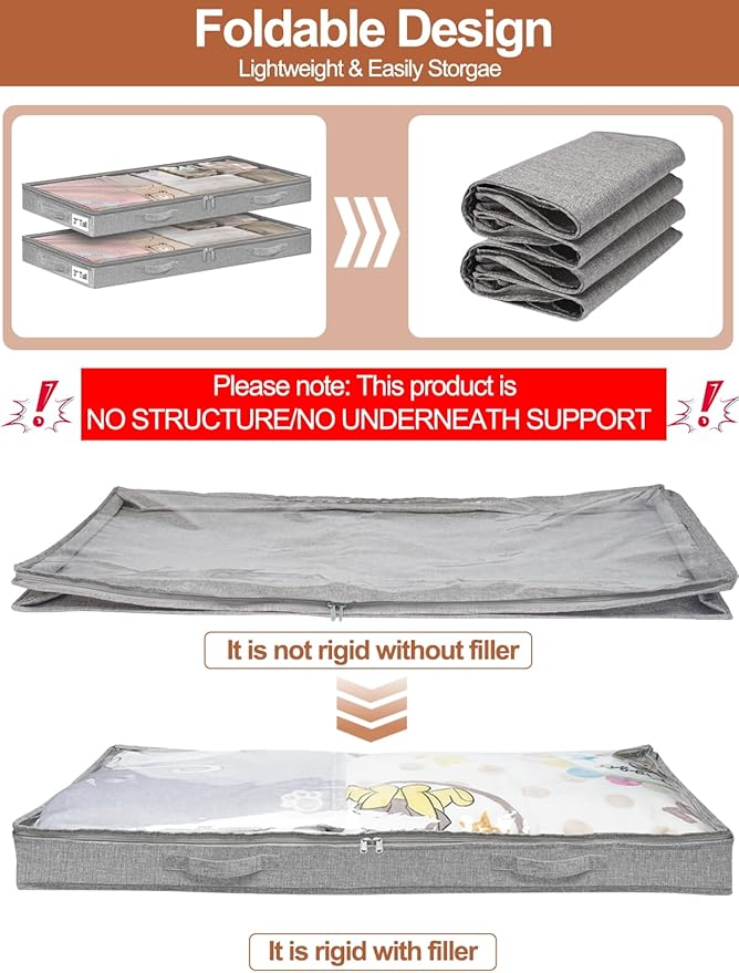 3 Inch Low Profile Under Bed Storage Bins with NO STURCTURE Design, Shallow Clothes Storage Bags with Clear Lids & Waterproof Fabric, 2-Pack, Grey – Fits Under Sofa, Couch, Dorm, or College Beds-NeatNest