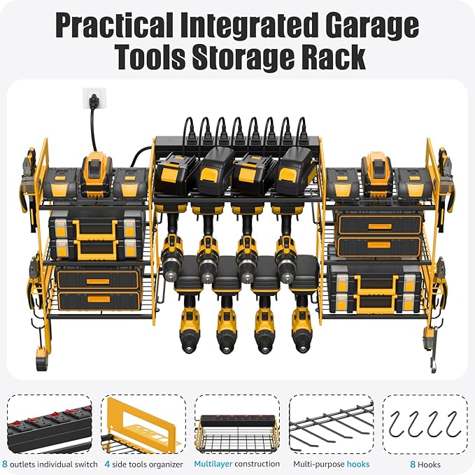 CCCEI Yellow Power Tool Organizer Wall Mount, Large Tools and Battery Storage Rack Charging Station Individual Switches. Drills Holder, Garage Utility Shelves with 6FT Power Strip. Gift for Men.-NeatNest