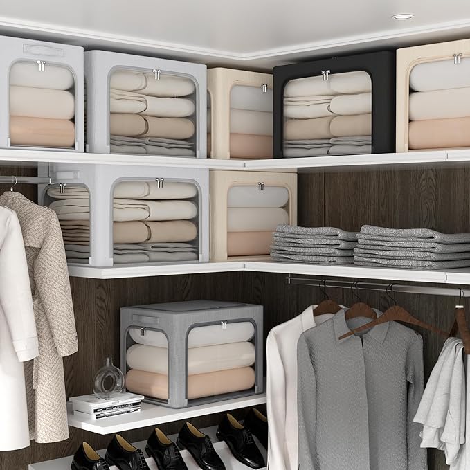 3 Openings Clothes Storage Bins Box - 3Pack Stackable Foldable Storage Bin - Metal Frame Storage Box Clothing Storage Organizer with Clear Window, Carry Handles (66L-19.7x15.7x13in, Beige)-NeatNest