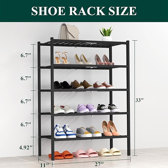 Smiry Shoe Rack, 5 Tier Thick Bamboo Shoe Organizer, Stackable Free Standing Wooden Shoe Storage Shelf for Closet, Entryway, Front Door Entrance, Black-NeatNest