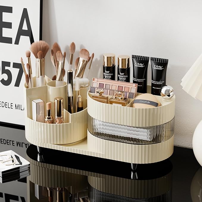 Ivory Rotating Vanity Organizer with Drawer & Brush Holder - 3 Layer Cosmetic Skincare & Perfume Storage - Countertop Makeup Display Case