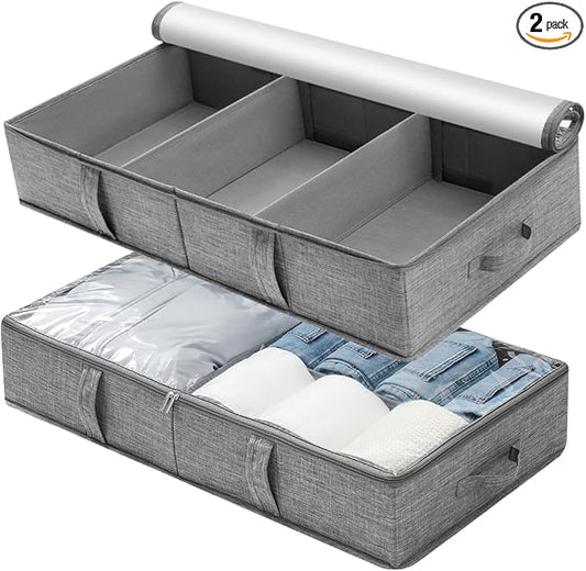 2 Packs Under Bed Storage Containers, Foldable Clothes Draw Organizers with Adjustable Dividers, Handles, Clear Window, Closet Storage Bins for Clothing, Shoes, Blankets-NeatNest