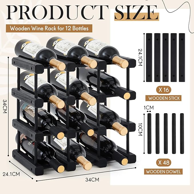 Juexica 1 Pcs 12 Bottles Wooden Wine Rack for Inside Cabinet Stackable Countertop Modular Wine Storage Rack DIY Assembly Bottle Holder for Cellar (Black Color)