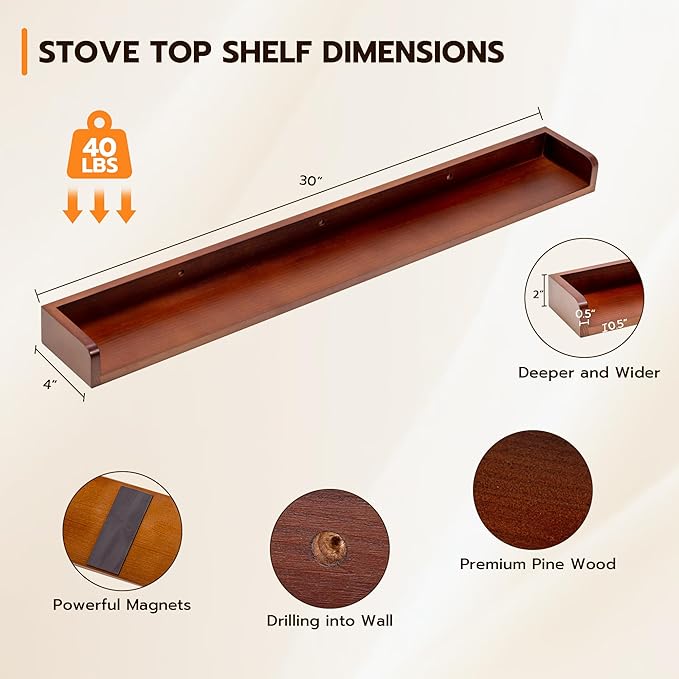 Fun Memories Magnetic Stove Top Shelf, 30" Pine Wood Wall Mounted Shelf for Kitchen Home Storage Organization, Heat and Pressure Resistant, 1pcs, Walnut