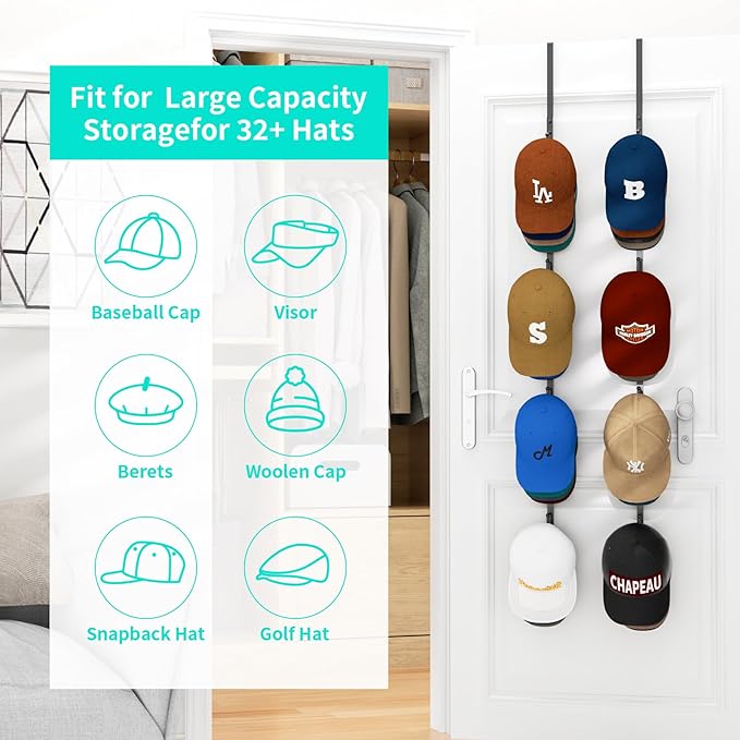 HapiRm Over Door Hat Rack - 2 Packs Hat Organizer with 8 Hooks Design, Hanging Baseball Cap Organizer Storage Holds Up to 40 Caps for Door, Bedroom, Closet (Black)-NeatNest